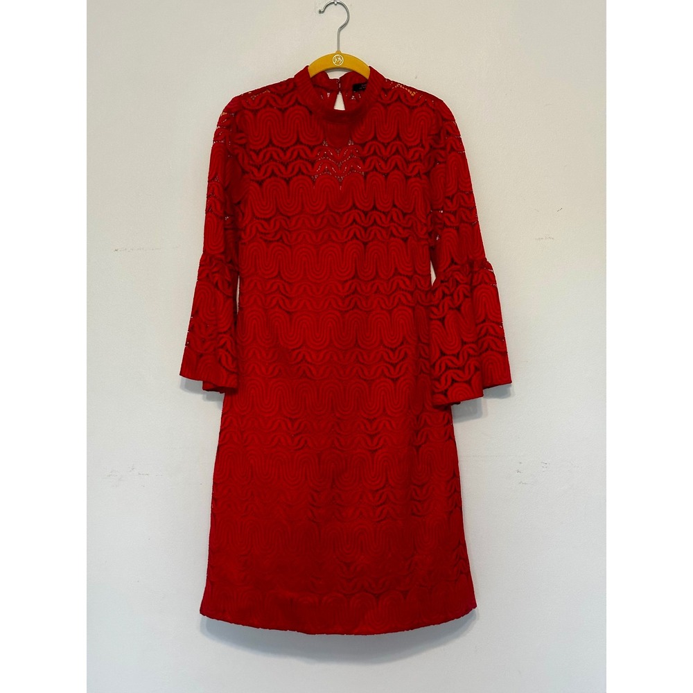 Trina Turk Red Lace Bell Sleeve Mock Neck Keyhole Back Shift Dress Womens 8